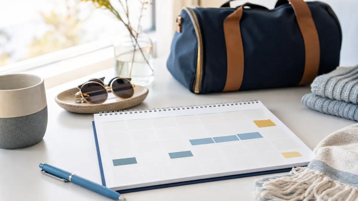 Calendario de escritorio con días destacados y bolso preparado para planificar los próximos feriados