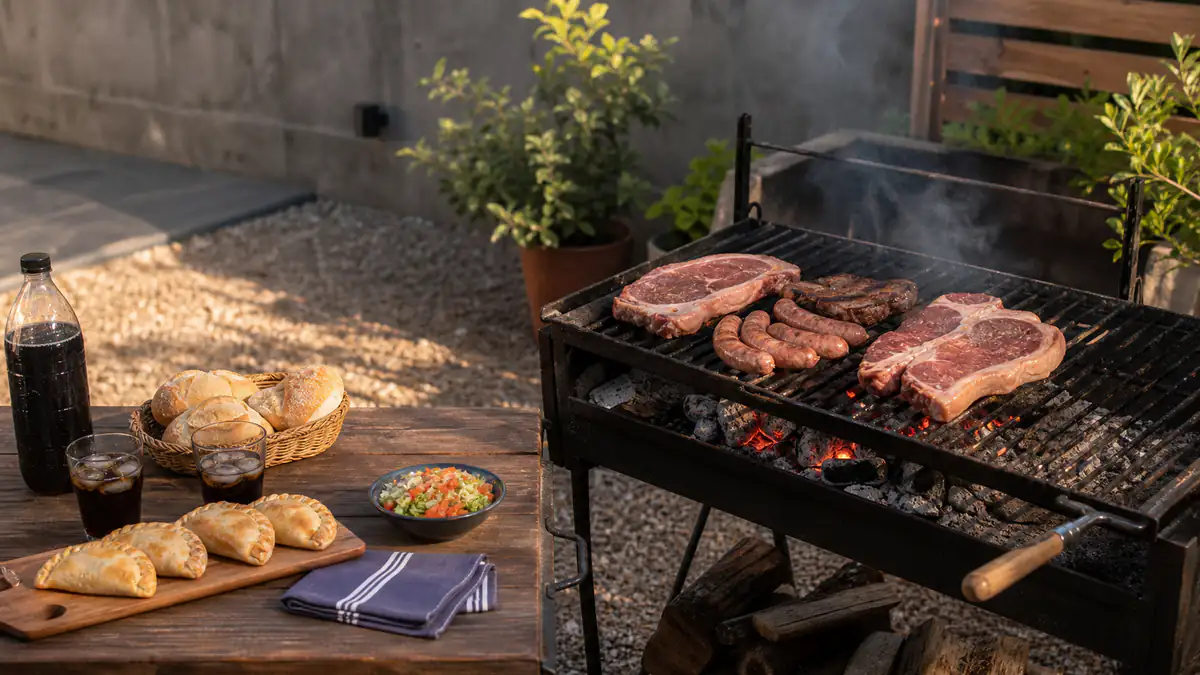 Parrilla argentina con carne, chorizos, empanadas, pan y bebidas para organizar un asado