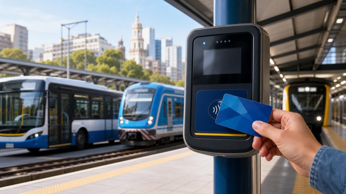 Tarjeta de transporte apoyada sobre un lector junto a un colectivo, un tren y un subte