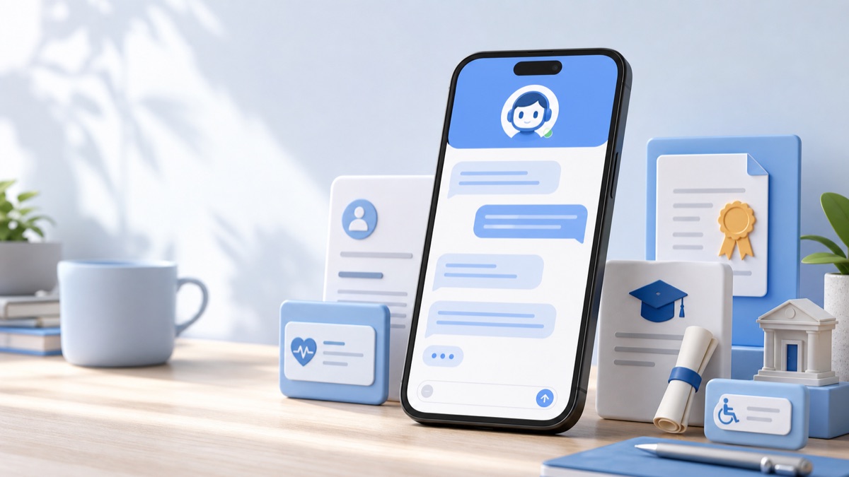 Celular con una conversación virtual y documentos digitales de educación, salud y trámites públicos